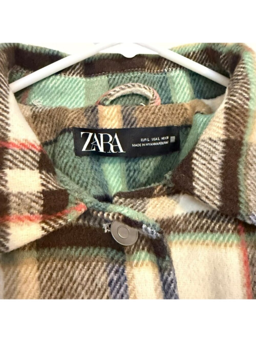 Zara Plaid Women's Shacket Oversized Button Front Shirt Jacket Size Large Green - Picture 3 of 7